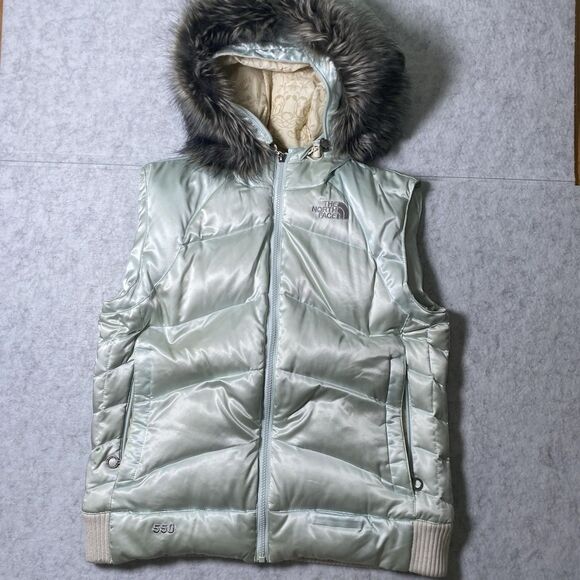The North Face Womens 550 Down Blue Puffer Vest Hooded Faux Fur Large Zip Vintag - Picture 1 of 14